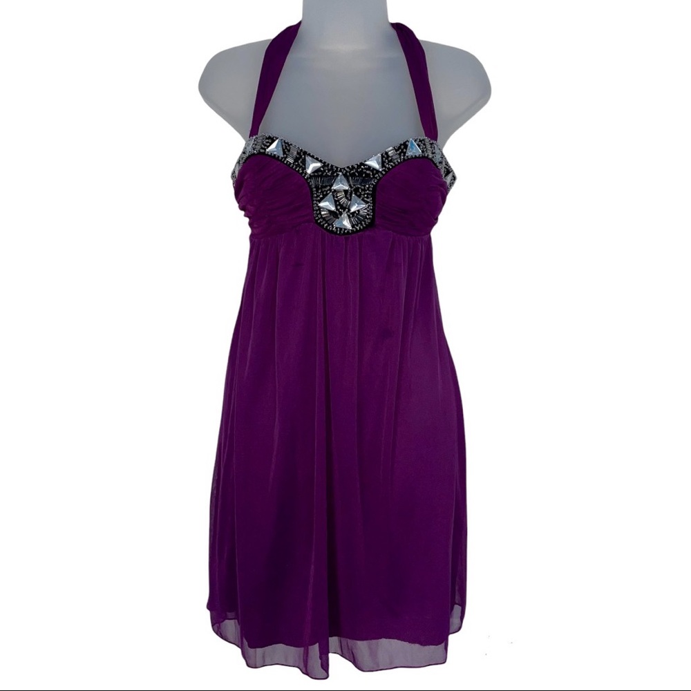 City Triangle Purple Chiffon Dress Rhinestone Cocktail Party Mini HOCO Y2K